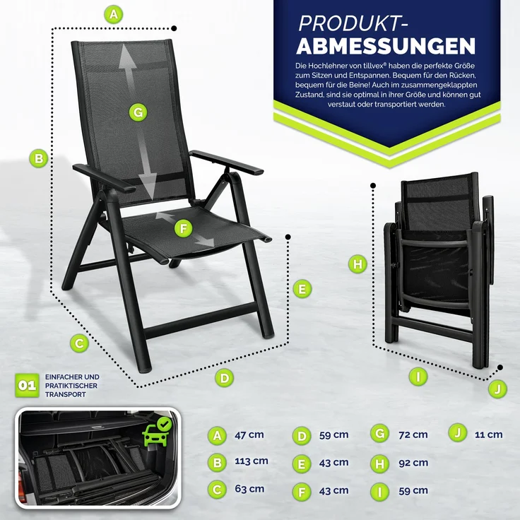 tillvex Gartenstuhl Premium 4 Stück Schwarz klappbar aus Aluminium | Hochlehner mit Armlehnen | Klappstuhl verstellbar | Klappsessel Balkon Garten Terrasse – Bild 3
