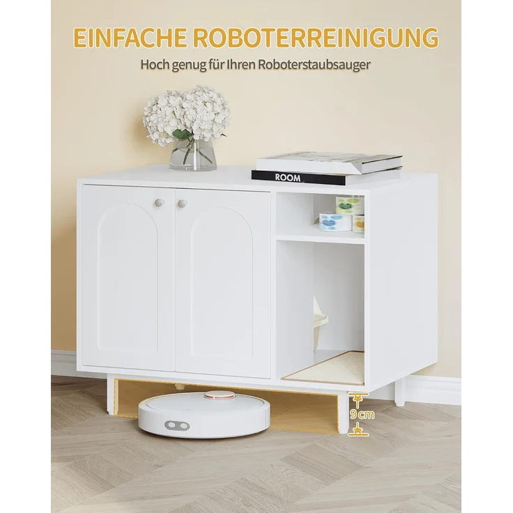 Katzenschrank, Katzentoilette, Katzenklo Schrank, Katzenhaus mit Tür und separater Trennwand, 80 x 50 x 61 cm, Stabile Katzenschrank, Sitzbank, Weiß – Bild 4