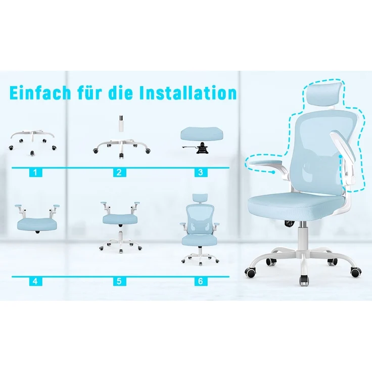 Botifly Ergonomischer Bürostuhl mit Kopfstütze, Mesh-Gewebe, Hellblau, 90°-120° Wippfunktion, 10 cm Höhenverstellbar – Bild 10