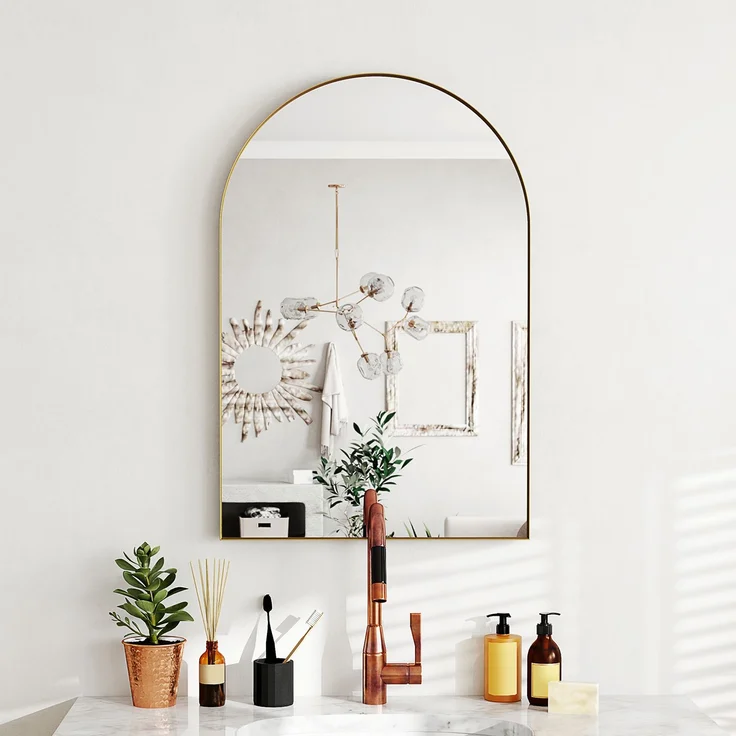 Gewölbter Wandspiegel, Badezimmerspiegel mit Rahmen aus Aluminiumlegierung für Schlafzimmer, Wohnzimmer, Flur, 60 × 90 cm, gold – Bild 4
