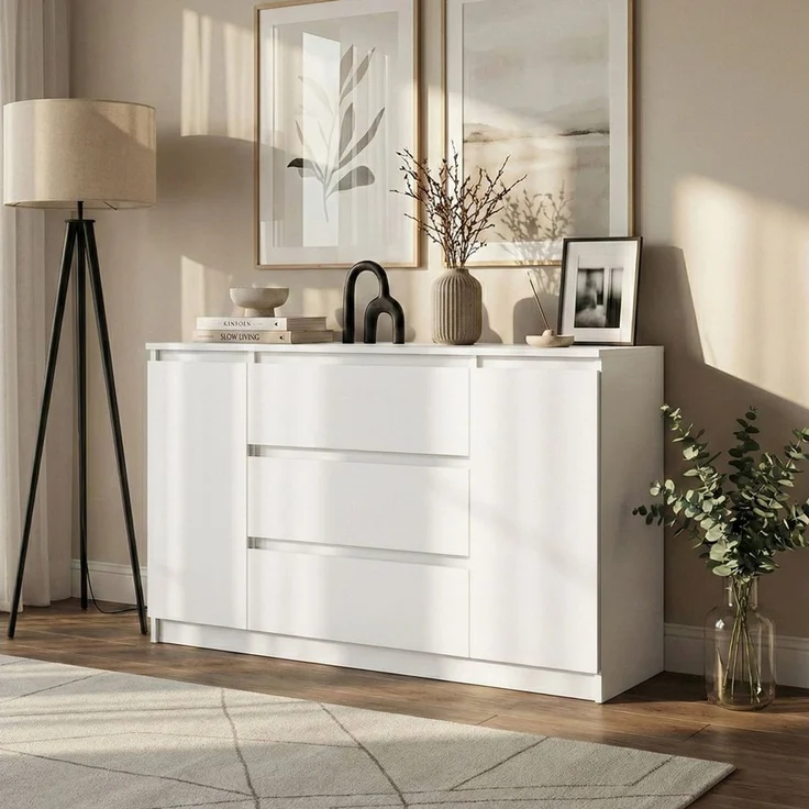 Beautysofa Kommode LEMON Weiß mit 3 Schubladen und 2 Türen (Kugelführungen, modernes Design), Breite: 120 cm oder 140 cm – Bild 1