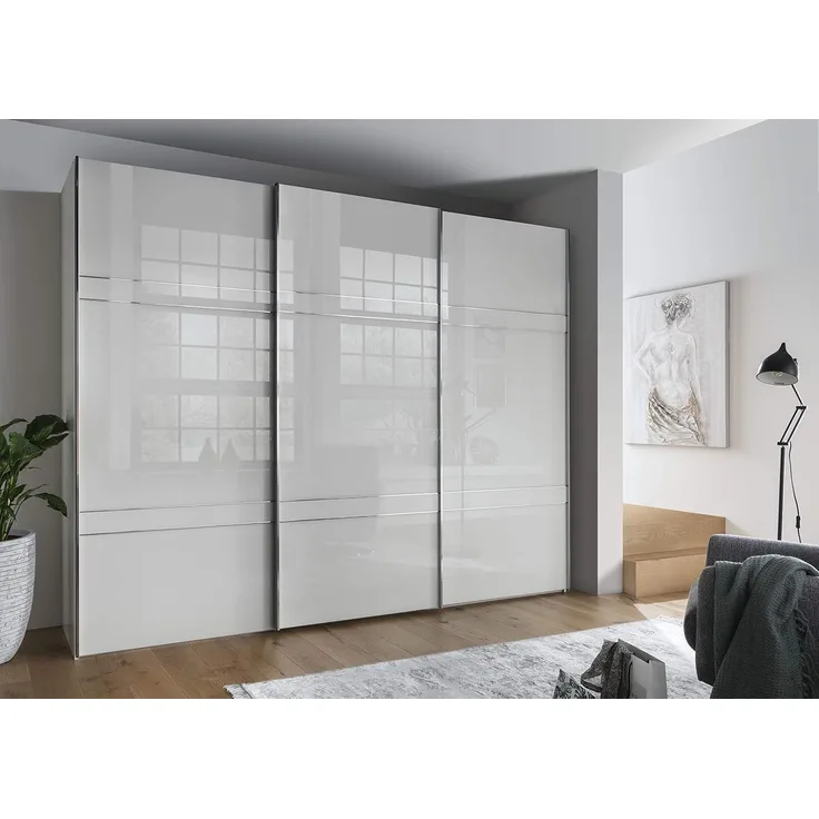 WIEMANN Rialto Kleiderschrank, Schwebetürenschrank, Schlafzimmerschrank, mit Schiebetüren, Breite 250 cm, in weiß, Glas weiß, Holz, B/H/T 250 x 236 x 67 cm