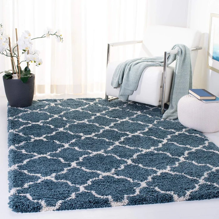 SAFAVIEH Zottelig Teppich für Wohnzimmer, Esszimmer, Schlafzimmer - Hudson Shag Collection, Hoher Flor, Schieferblau und Elfenbein, 91 X 152 cm