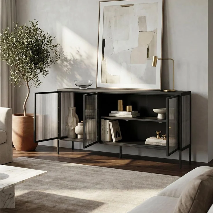 Vitrinen-Sideboard Vinterhavn Stahl 3-türig 80x150x40 cm Schwarz [en. casa] – Bild 3