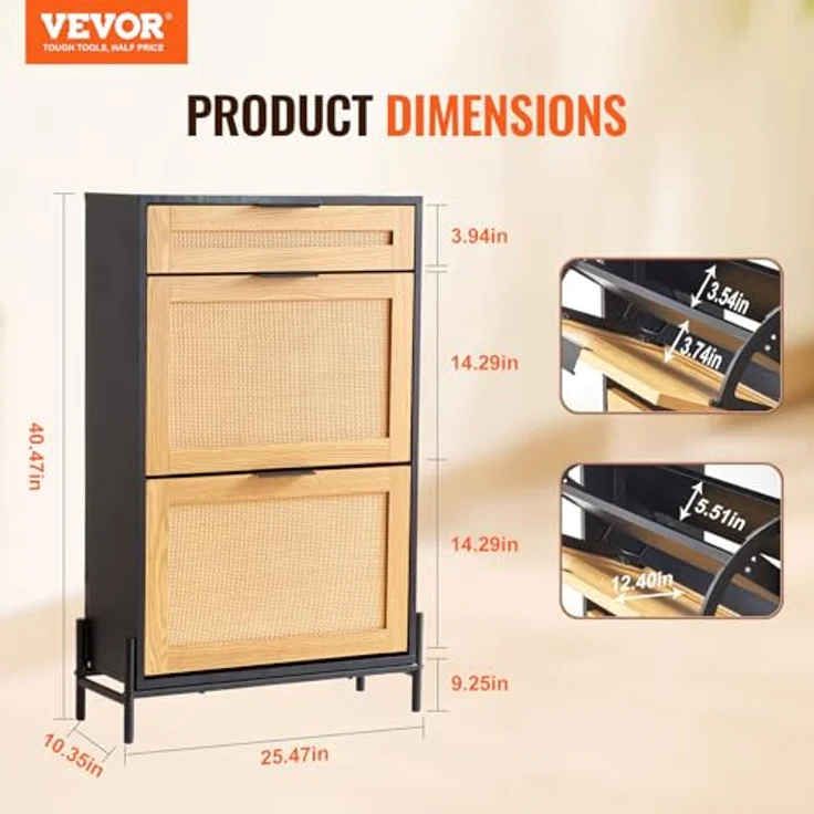 VEVOR Schuhschrank Schuhkommode aus Rattan mit 2 Klappschubladen & 1 Ausziehschublade, Metallbeine, schmaler Schuhschrank ideal für Eingangsbereich Diele Schrank Flur Schuhkipper Schwarz – Bild 4