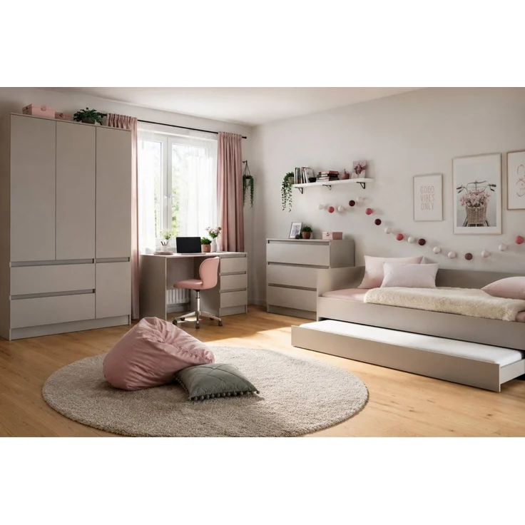 Deine Möbel 24 Jugendzimmer-Set SIMO C Kinderzimmer-Set mit Bett 90x200 cm & Gästebett 80x200 cm, (Set, 4-tlg, ideale Möbel für Kinder- und Jugendzimmer), inkl. Kleiderschrank, Kommode & Schreibtisch, Kaschmir – Bild 3