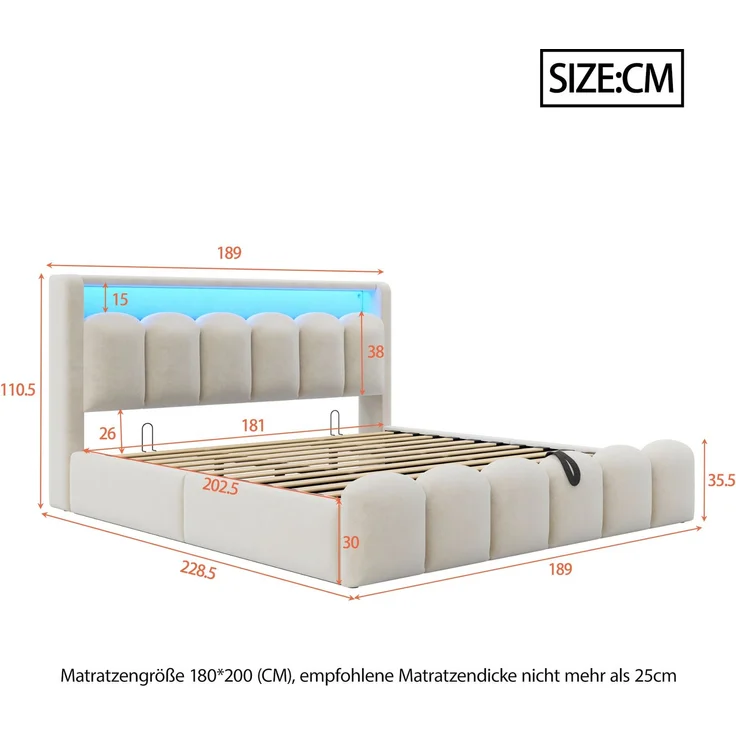 Polsterbett 180*200, Ausgestattet mit hydraulischer Staufunktionund Stauraum im Kopfteil, Doppelbett, Samtstoff,mit USB- und Typ-C-Anschlüssen, mit LED, weichem Samtstoff und Blütenblattdesign,Beige ( – Bild 7