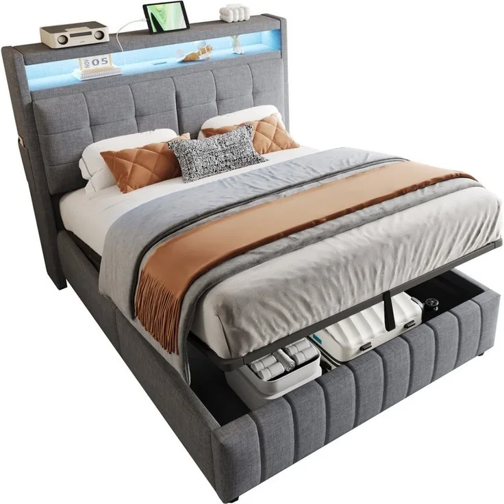 HAUSS SPOLE Polsterbett 140x200 cm, mit LED-Beleuchtung und USB-Steckdose, Leinenstoff Grau (Polsterbett,mit LED-Beleuchtung, USB-Steckdose & Hydraulischem Stauraum, Kopfteil mit Ablagefächern, Doppelbett für Erwachsene im modernen Design, Leinenstoff ...