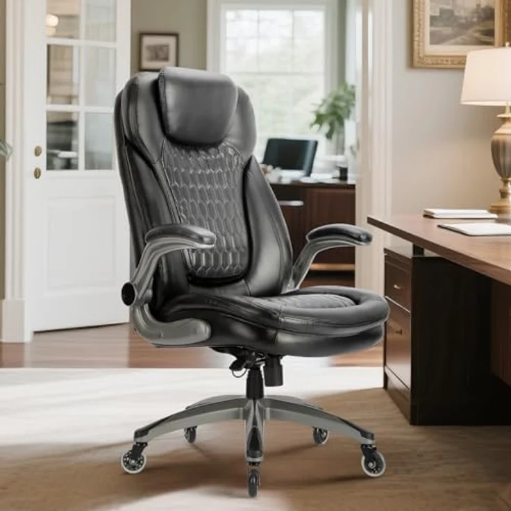 COLAMY Hochlehner Chefsessel aus Leder, Ergonomischer Bürostuhl mit Flip-up-Armlehnen & höhenverstellbar - Office Chair mit leisen Rollen für Homeoffice und Büro-Schwarz – Bild 3