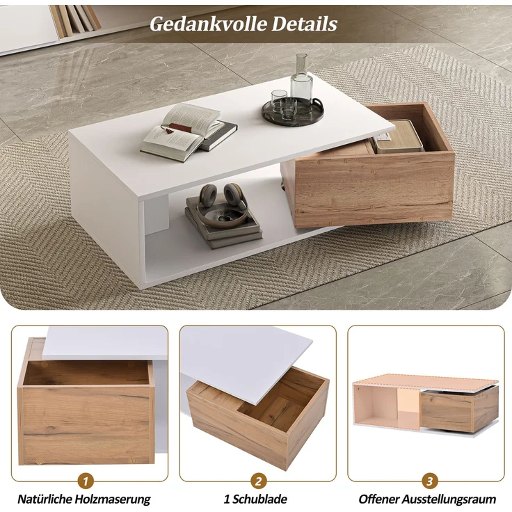 Couchtisch, MDF mit 1 Schublade & 360° Drehfunktion, 90x50x30 cm, Weiß + Holzfarbe – Bild 5