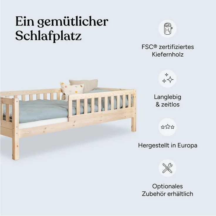 Ehrenkind Kinderbett mit Rausfallschutz aus massivem Kieferholz, Kinderbett 90x200 cm (zeitlos, hochwertig und auch für ältere Kinder geeignet, aus FSC zertifiziertem Holz), Jugendbett, Kinderbett mit Rausfallschutz – Bild 2