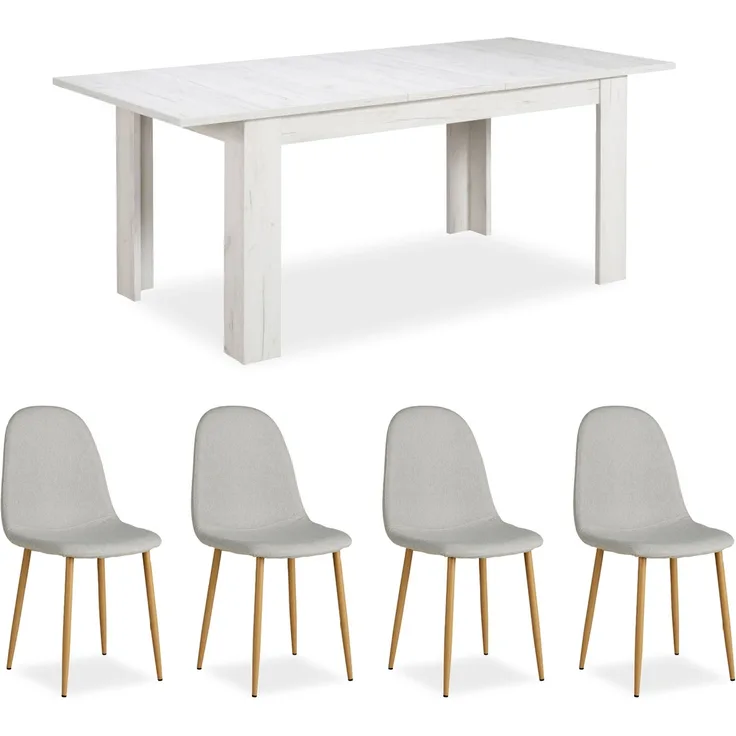 Homestyle4u Essgruppe mit 4 Stühlen, Holz Weiß Vintage / Polsterstühle Grau