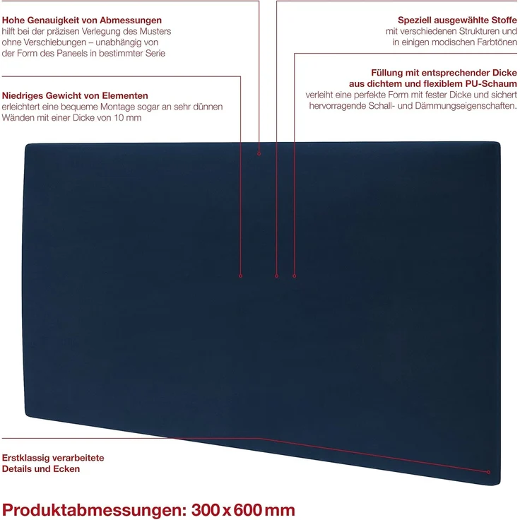 MOLLIS Polsterplatte, Rechteckiges und Dekoratives Wandpaneel, Geeignet als Bettkopfteil oder Aufprallschutz, Reduziert Schall und Verbessert Akustik, aus Schaumstoff, 60 x 30 cm, Marineblau – Bild 3