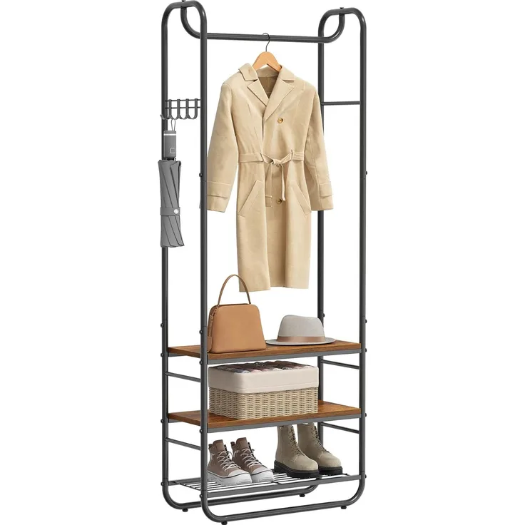 Vasagle Garderobenständer, Garderobe, Kleiderständer, mit Schuhablage, Schuhregal, Flur, Schlafzimmer, 58 x 28 x 181 cm, Industrie-Design, vintagebraun-schwarz HSR81BX