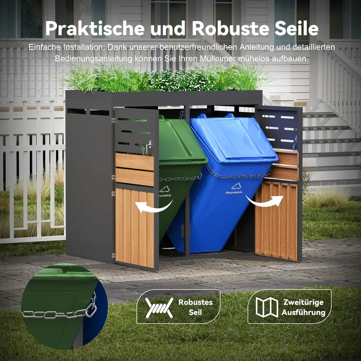 LVHOM Mülltonnenbox 2er mit Pflanzkasten, 2x240 L, Abschließbare Mülltonnenverkleidung aus Stahl für Garten, Anthrazit – Bild 4