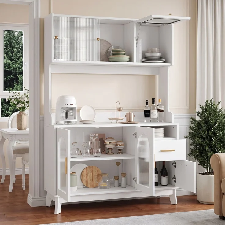 Buffetschränke, Esszimmer-Hochschrank 120*40*178 cm, mehrstufigem Stauraum, integrierter Steckdose sowie USB-C- und USB-A-Anschlüssen, Weiß – Bild 3
