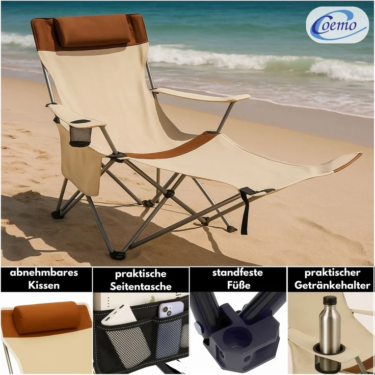 Coemo 2er Set Tragbarer Liegestuhl, Campingliege mit Getränkehalter Beige – Bild 5