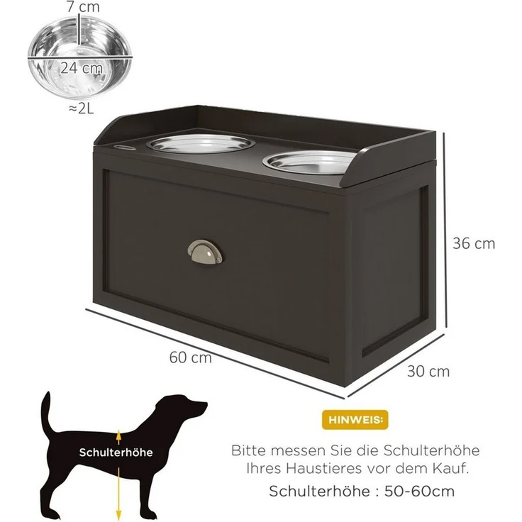 PawHut Futternapf erhöhter Fressnapf mit Schublade, Edelstahl, Braun 60 x 30 x 36 cm – Bild 2