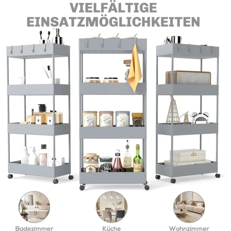 Küchenrollwagen 40 x 19 x 90 cm mit 4 Ebenen, Stahl und ABS, grau – Bild 6