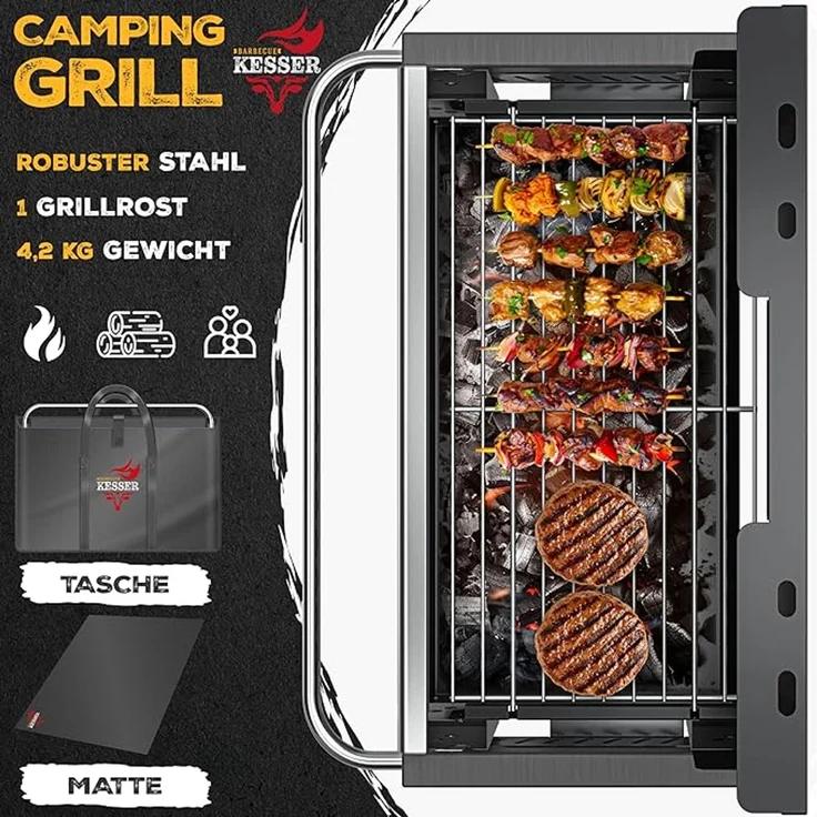 KESSER® Klappgrill, tragbarer Holzkohlegrill aus pulverbeschichtetem Stahl inkl. Grillrost, Grillmatte & Tragetasche, Schwarz, 38 x 50 x 34 cm – Bild 4