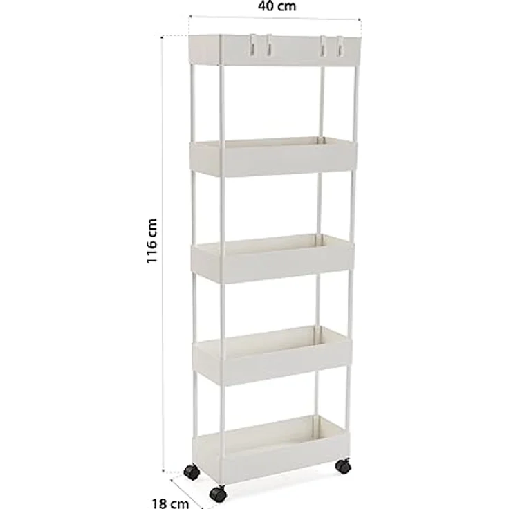 Versa Skuvoy Badezimmer-Hilfsmöbel, Aufbewahrungswagen oder -Karren, mit 5 Einlegeböden und Laufrollen, Maßnahmen (H x L x B) 116 x 18 x 40 cm, ABS und Kunststoff, Farbe: Weiß – Bild 9