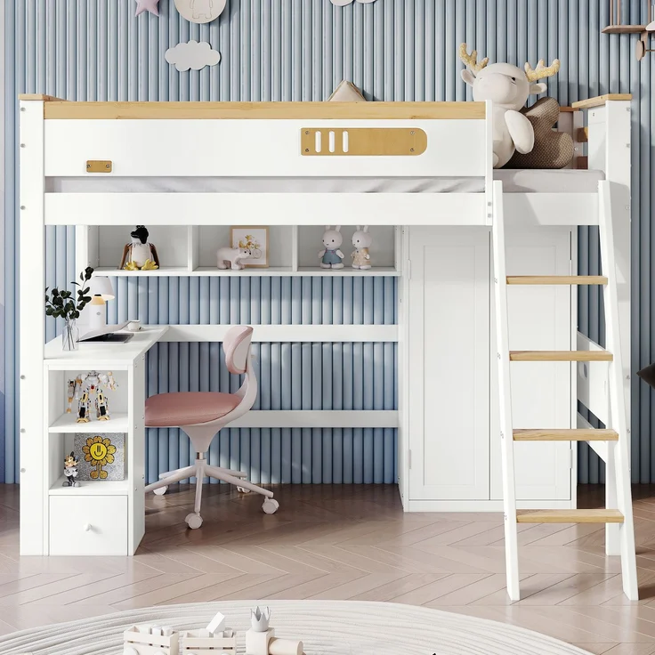 Etagenbett Kinderbett 90x200 mit Fallschutzgitter, Schreibtisch, Kleiderschrank, offene Regale – Bild 2