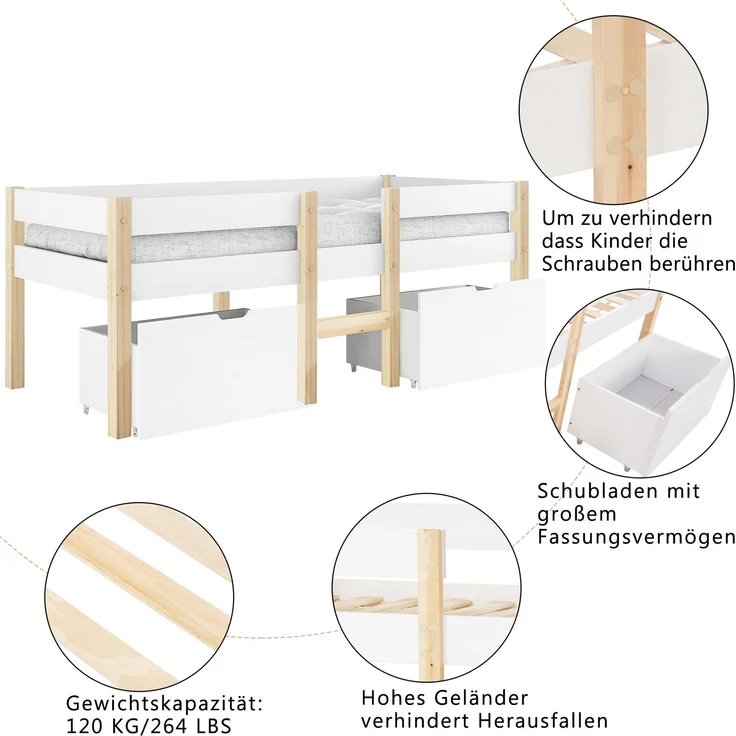 Bett Kinderbett mit Schublade und Rausfallschutz, Kiefer-Vollholz-90x190 cm-Weiß & Eiche – Bild 10