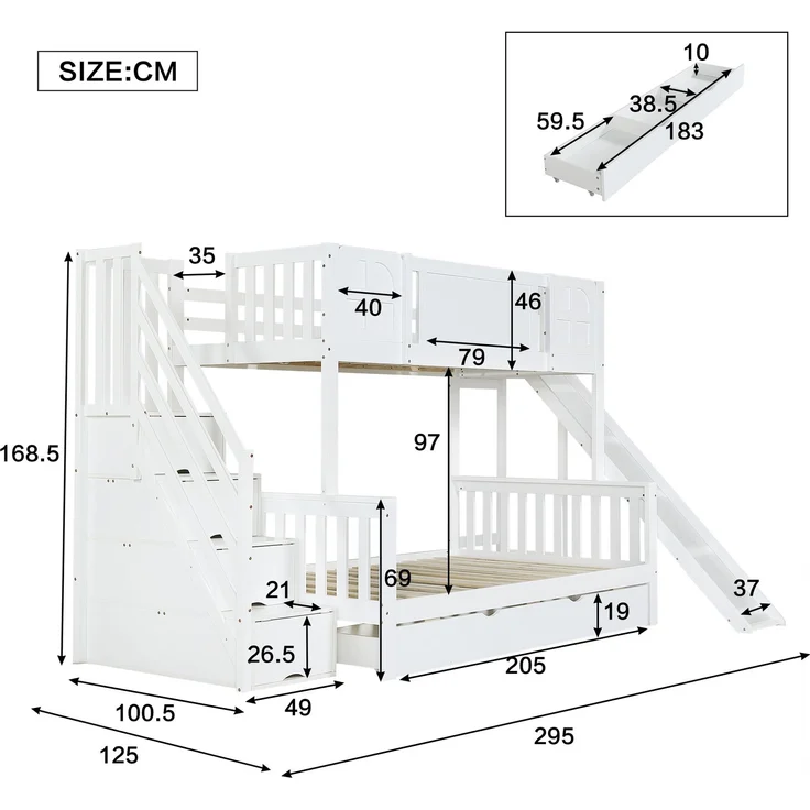 Merax 90x200cm Etagenbett, Kinderbett Mit Fenster, Mit Kinderrutsche, Schubladen mit Rollen, Treppen mit Handlauf, Mit 4 Schließfächer in der Treppe, Weiß – Bild 4