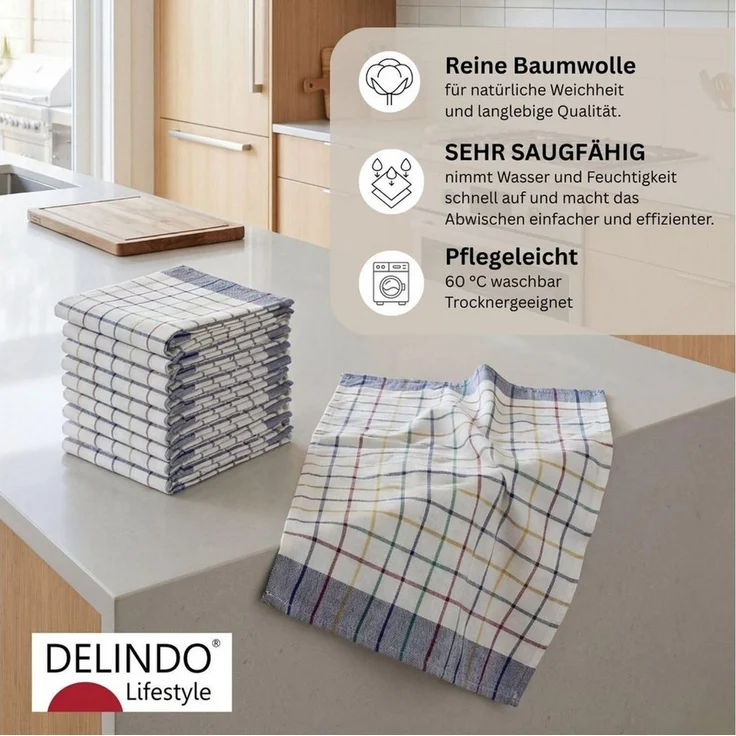 Delindo Lifestyle Geschirrtuch Bern, 10er Set, Baumwolle, Saugstarke Küchentücher, Kariert, 50x70 cm – Bild 2