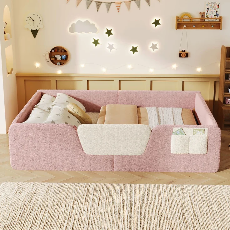 Polsterbett 140x190 cm aus Velours in Rosa mit abnehmbaren Seitengittern, ohne Matratze – Bild 4
