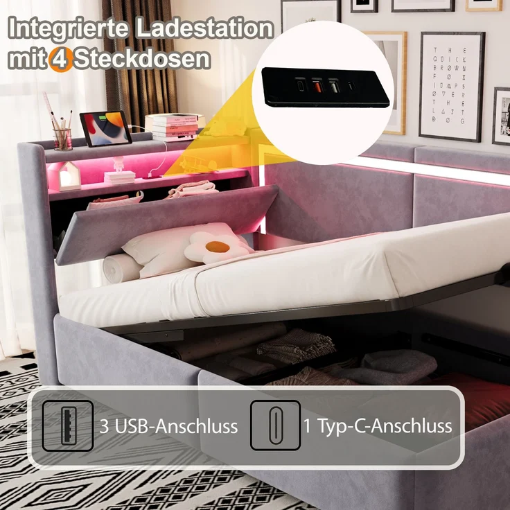 EINHOM Polsterbett Schlafsofa 90 x 200 cm, Samt, mit LED-Beleuchtung und USB-Ladeanschlüssen, Kopfteil Lässt Sich zum Verstauen Öffnen, Hydraulisches Stauraumsystem unter dem Bett, Hellgrau, (Ohne Matratze) – Bild 5