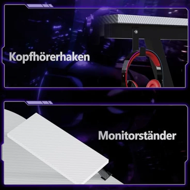 ODK Gaming Tisch, Computertisch, Gaming Schreibtisch mit runder Ecke, Gaming-Tisch mit Monitorablage (Kohlefaser Weiß, 127x127 cm) – Bild 7