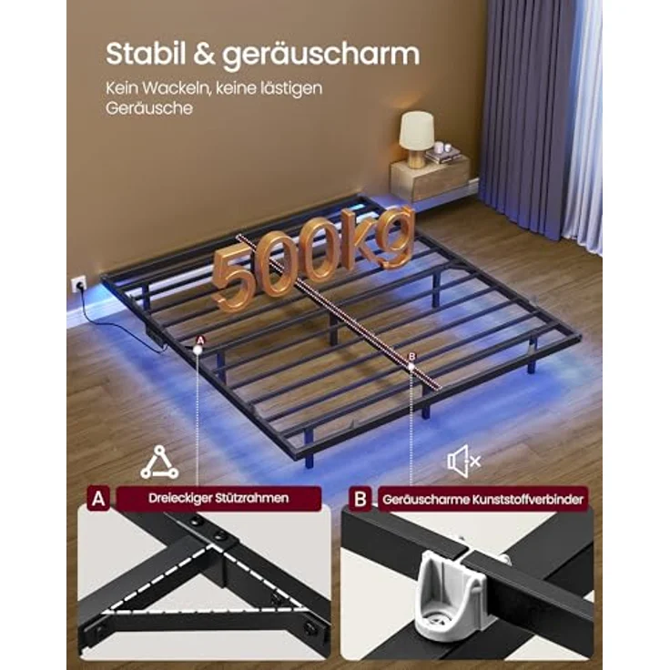 VASAGLE Bettgestell 180x200 cm, schwebender Effekt, LED-Beleuchtung, abnehmbare Steckdosenleiste, 2 AC-Steckdosen, 1 USB-C-Anschluss, 2 USB-A-Anschlüsse, trägt bis 500 kg, tintenschwarz RMB178B101 – Bild 6