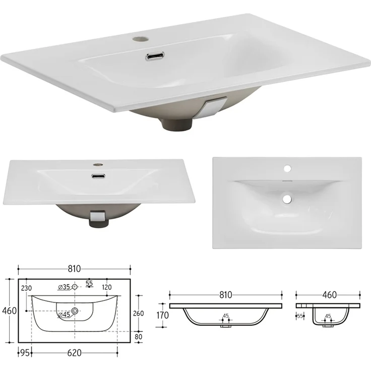 Badezimmer Set mit Waschtisch 81 cm, Hochschrank, LED Spiegel XANTEN-56 in anthrazit mit Eiche Nb. schwarz gerillt, B/H/T: ca. 130/200/46 cm – Bild 5