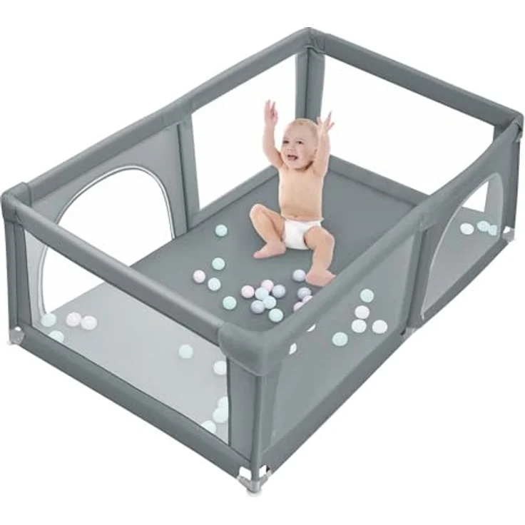 Baby Laufstall, Laufgitter mit atmungsaktivem Netz und Reißverschluss, Krabbelgitter 2 Türen, Laufgitterzelt für Säuglinge und Kleinkinder-180 * 120 * 66 cm-dunkelgrau – Bild 4