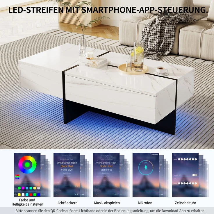 Couchtisch, Spanplatte in Hochglanz marmorähnlicher Optik mit LED-Beleuchtung & 3 Schubladen, 100x50x34,5 cm, Weiß – Bild 7