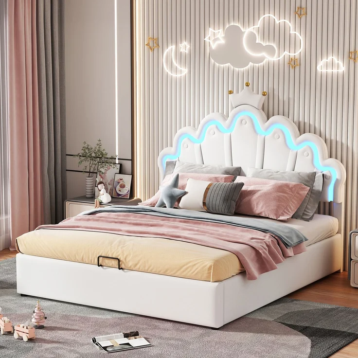 Prinzessinnenbett 140x200 cm, gepolstertes Bett mit LED-Beleuchtung und hydraulischem Stauraum, Kunstleder Weiß,mit Wolkenkopfteil und Krone – Bild 3