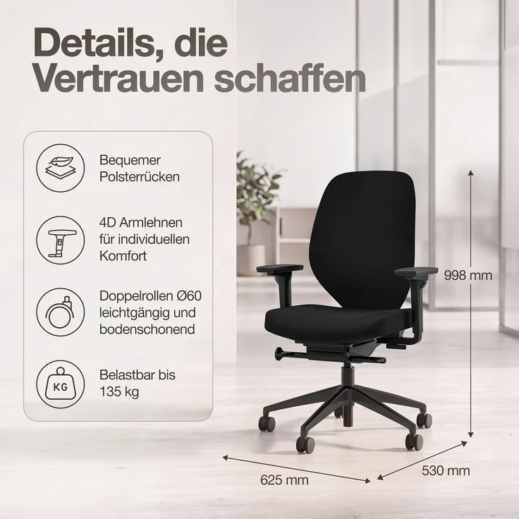 ASSMANN Ergonomischer Bürostuhl Atessa mit Polsterrücken in schwarz Schwarz 63x53x100cm Textil – Bild 6