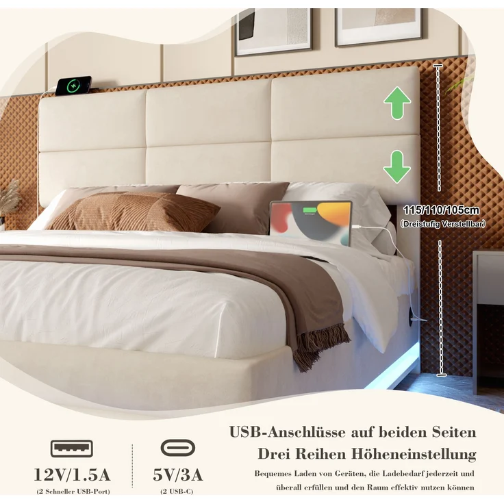 LVHOM Polsterbett 180x200cm mit LED und USB, Einzelbett mit Hydrauliksystem, Stauraumbett Samtstoff, Bettgestell Massiv, Boxspringbett, Beige – Bild 3