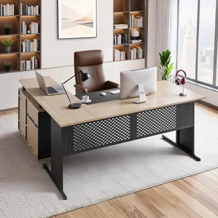 VEVOR L-förmiger Chefschreibtisch moderner Bürotisch mit Schubladen & Lagerschrank, umkehrbarer Schreibtisch aus Eisen + Holz, 158,7 kg Tragkraft, Computertisch für Arbeit Studium Schreiben
