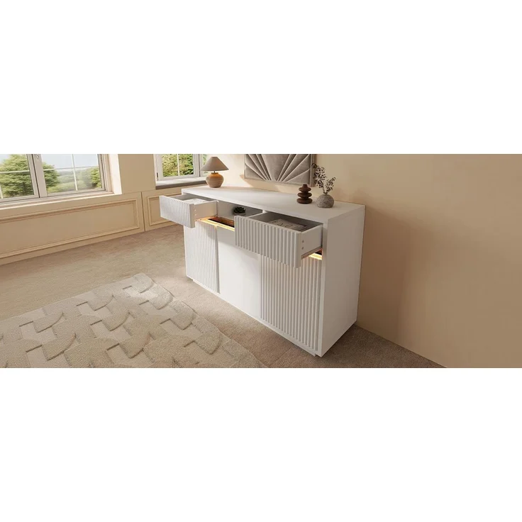 TavilaEcon Sideboard Kommode, Schrank mit LED, 2 Schubladen und 3 Türen weiß 85 × 40 × 140 cm (H × T × B) – Bild 6