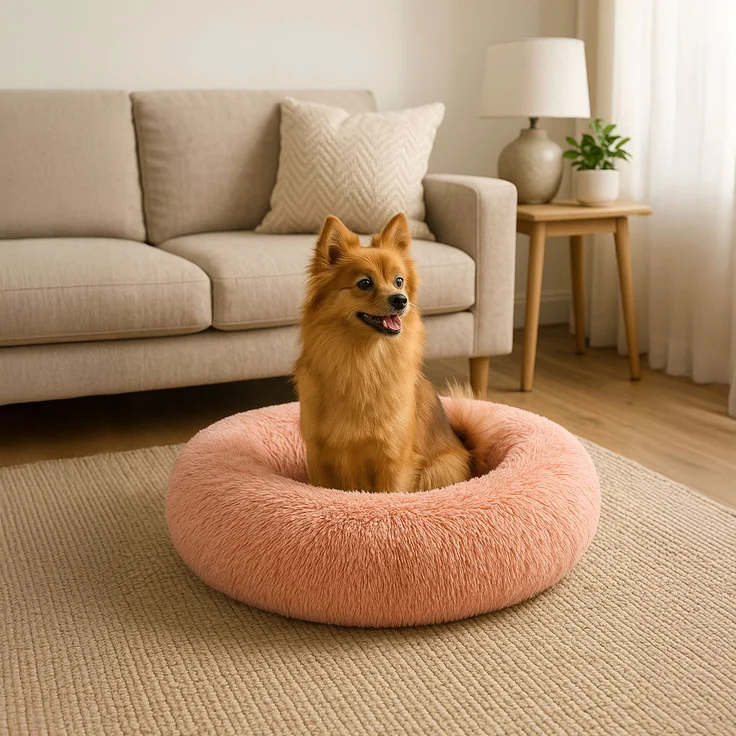 belviona Donut-Hundebett, kuscheliges Plüschbett mit weicher Füllung, sicherem Halt & ergonomischem Rand, 60 cm Durchmesser, altrosa – Bild 1