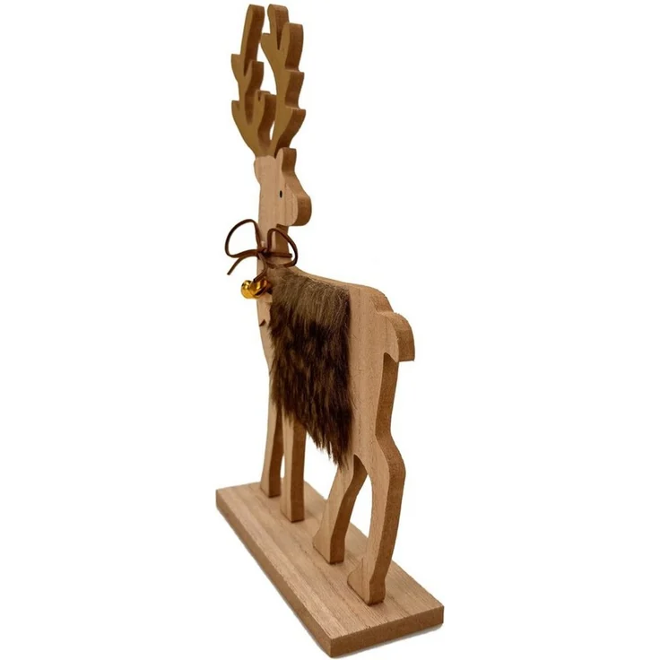 Online-Fuchs Dekofigur 2 Hirsche, Rentiere aus Holz - Deko für Herbst, Winter & Weihnachten (2er Set, mit Fellbesatz, Holzsternen, Glöckchen und Schleife), Dekoration für Sideboard, Regale, Fensterbank oder als Tischdeko – Bild 3