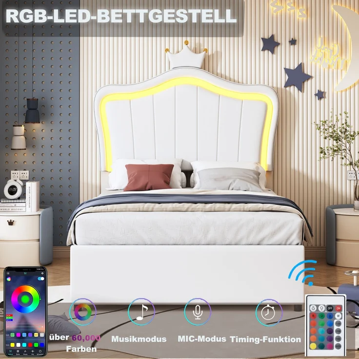 Merax Polsterbett mit Kronendesign, LED-Beleuchtung, hydraulischem Stauraum & höhenverstellbarem Kopfteil, Kunstleder, 90x200 cm, Weiß – Bild 2