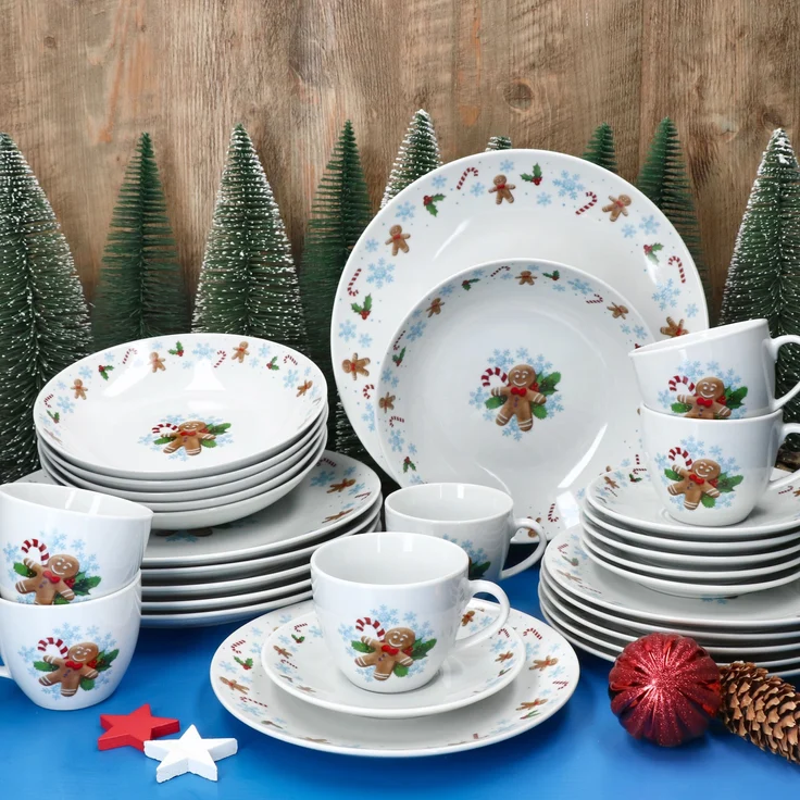 30tlg Kombiservice Candyman Porzellan 6 Personen Teller Tassen Weihnachten blau – Bild 3