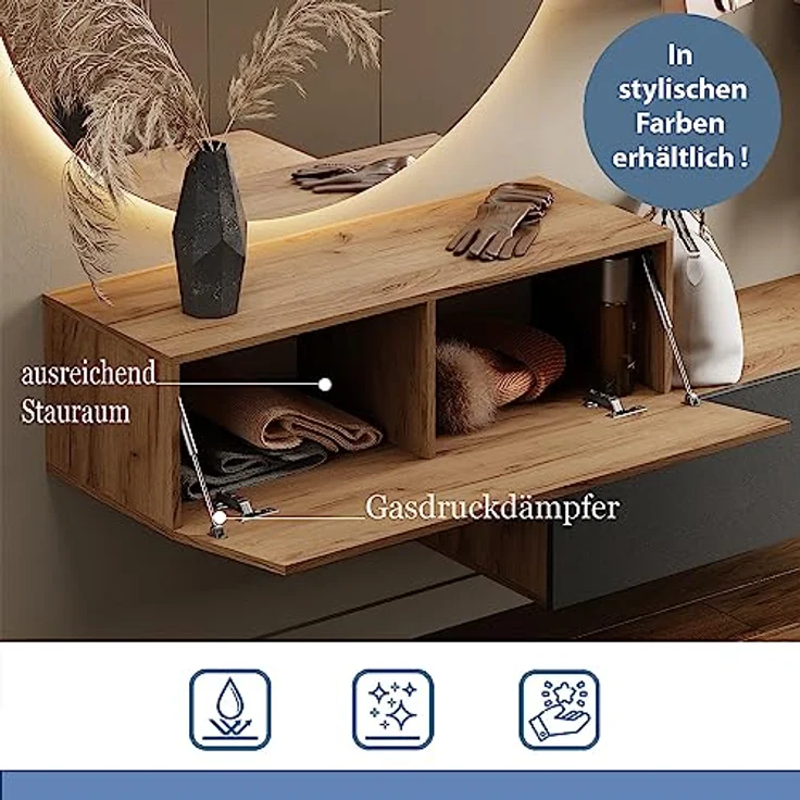 Planetmöbel Garderobenschrank Flur Möbel Garderobe (Kompaktgarderobe mit Klappe als Stauraum, Hängeschränke 2 x 100 cm Gold Eiche) Wandgarderobe (ohne Spiegel) – Bild 2