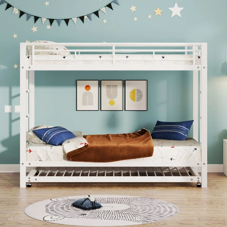 Etagenbett 90x200 cm mit ausziehbarem Rollbett, Metallrahmenbett mit hohem Sicherheitsgeländer, Kinderbett mit Doppelbettfunktion,Weiß – Bild 2
