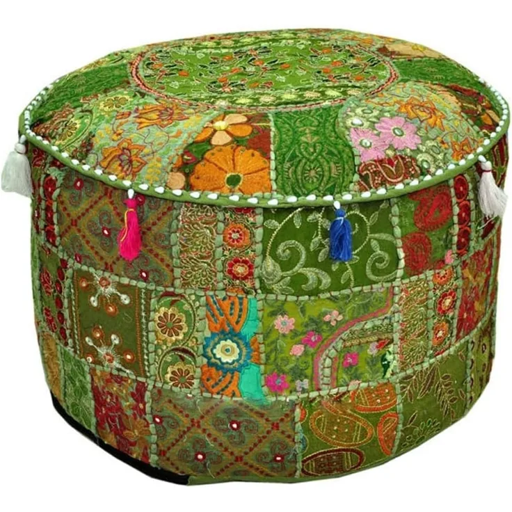Aakriti Indian Pouf Fußhocker mit Stickerei Pouf, indische Baumwolle, Pouffe osmanischen Pouf Cover mit ethnischem Dekor Kunst - Cover (Green, 56x35 cms)