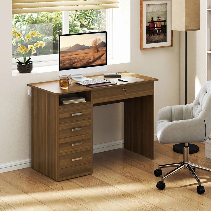 Schreibtisch mit 5 Schubladen, 110 x 50 cm, Schreibtisch mit Stauraum, offenes Regal, abschließbare Schublade, Nussbaum – Bild 9