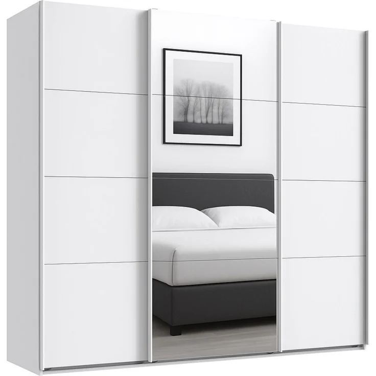 Schwebetürenschrank Kleiderschrank B225 cm H208 cm 3-türig Weiß, 1x Spiegeltür – Bild 1